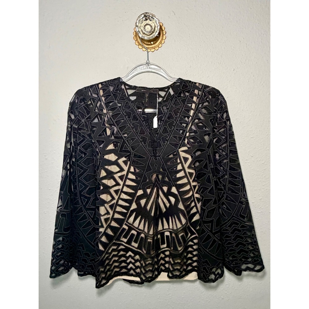 BCBGMAXAZRIA Black Cutwork Lace Blouse Geometric Blouse Openwork Top XS